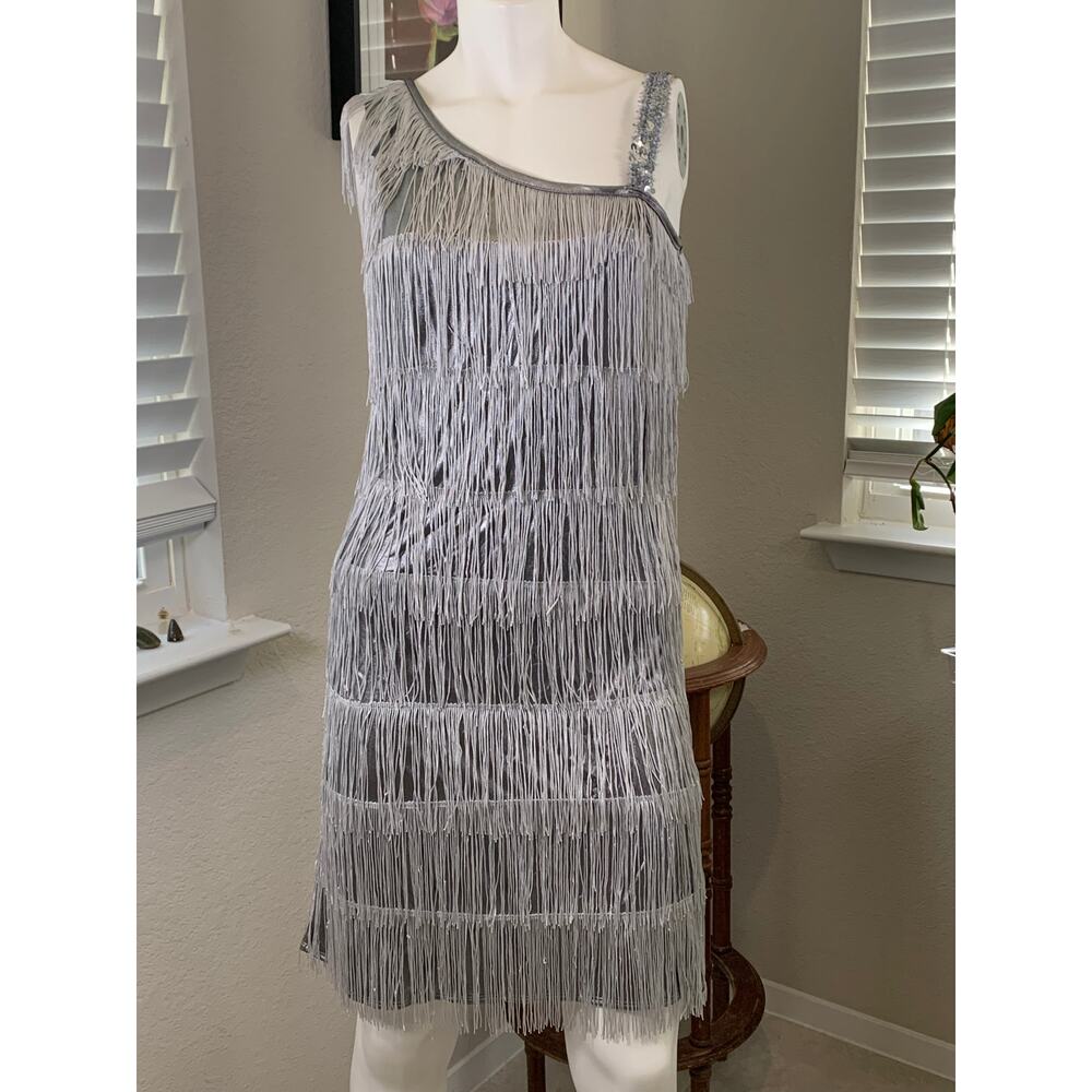 Adult Silver Fringe Charleston Flapper Dress sz L 11-13